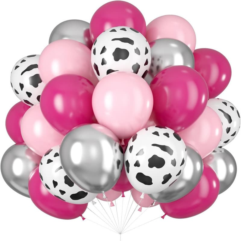50Pcs Rose Pink Latex Cow Pattern Metal Silver Denim Theme Latex Balloon Bundle Birthday Party Outfit