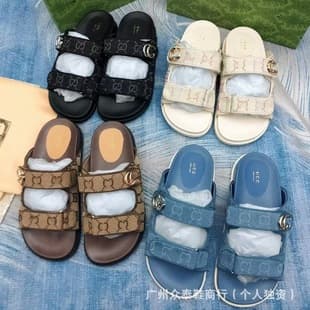 G New Canvas Embroidered Printed Thick-Soled Hook-and-Loop Slippers for Women, 2024 Summer Flat Casual Beach Sandals