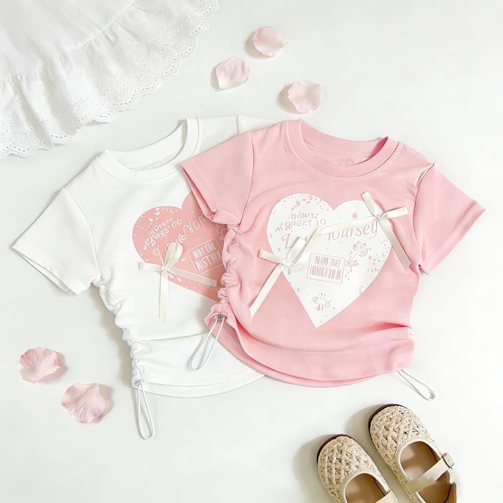 Girls Short Sleeve T-Shirt Summer New Korean Style Heart Print Half Sleeve Top Baby Sweet Bow Clothes