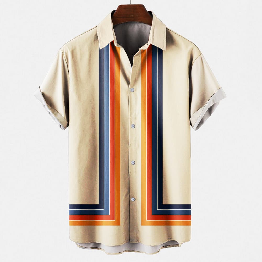 Cross-Border Export Summer New Men's Shirt Tops Stripesd Creative 3D Printed Men's Cardigan Lapel Shirt