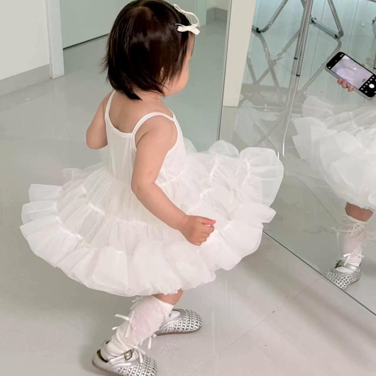 Girls' Strapless Dress Pure White Princess Gown White Tulle Flower Girl Dress Puffy Cake Skirt Soft Breathable Mesh