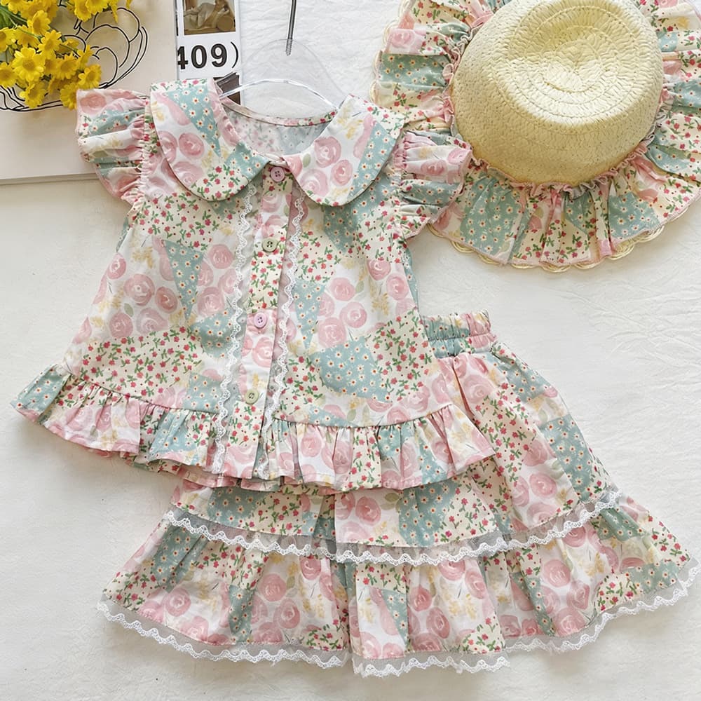 Girls lace floral suit summer lapel breathable cotton small flying sleeve shirt multi-layered cake skirt two-piece set