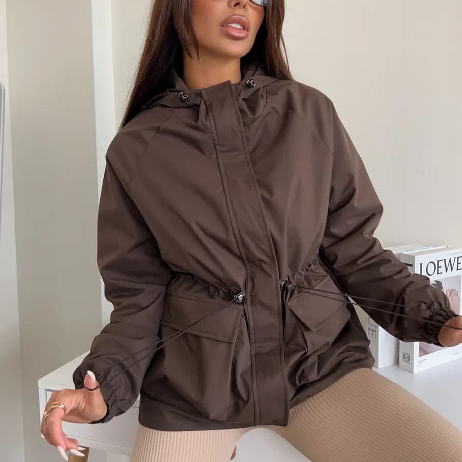 Women's Casual Outdoor Rain Jacket Long Sleeve Hooded Drawstring Waterproof Coat Loose Hiking Clothes European American Style
