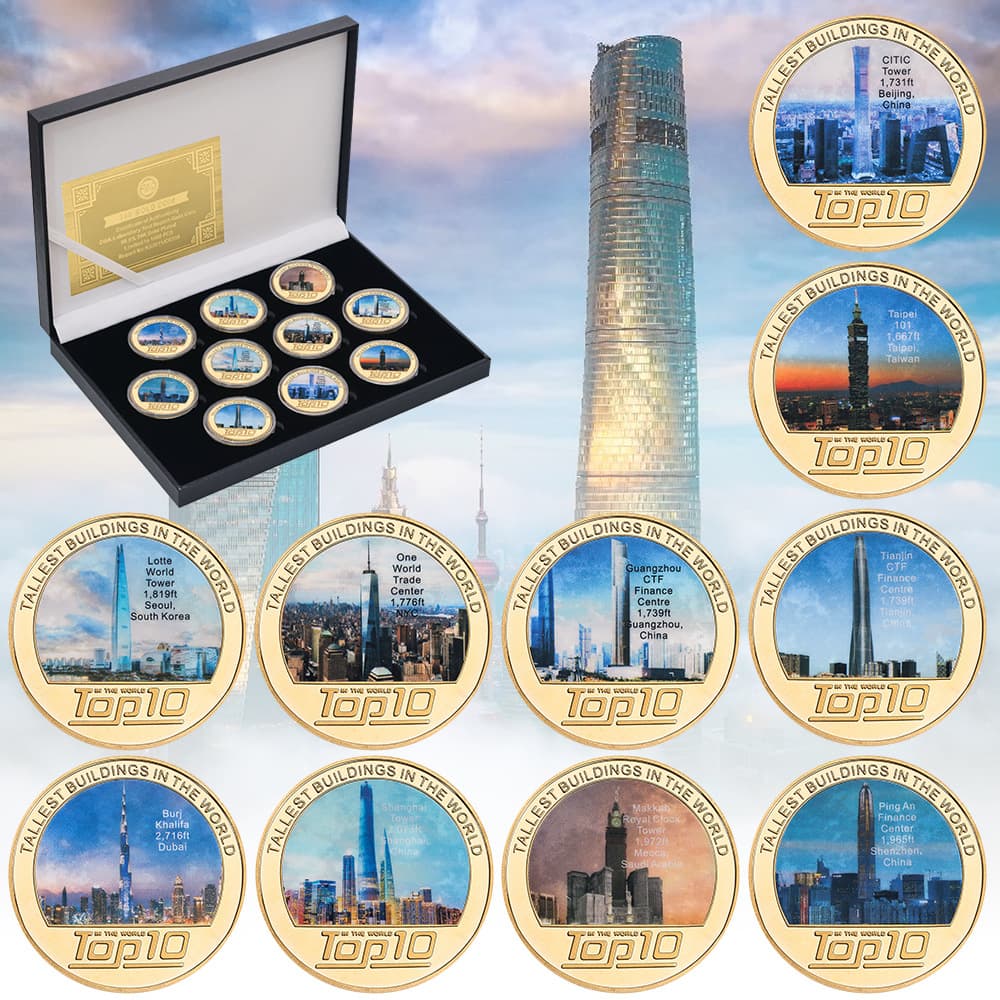 Top Ten Famous Buildings Commemorative Coins Metal Badges. Enthusiasts collect souvenirs and give holiday gifts.