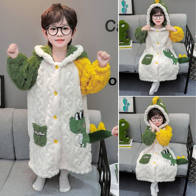 Children's pajamas, boys' winter flannel pajamas, baby long hooded anti-cold bathrobes, dinosaur home bathrobes