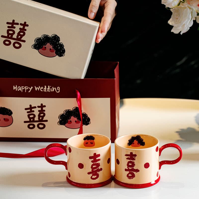 Chinese-style wedding character ceramic mug, high-value couple's gift box set for bride and groom