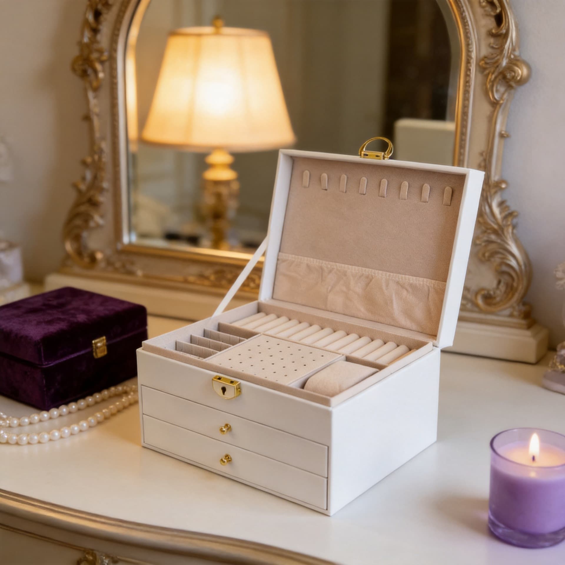 Light luxury rhombus leather jewelry box with lock three-layer drawer storage box earrings necklace bracelet jewelry box