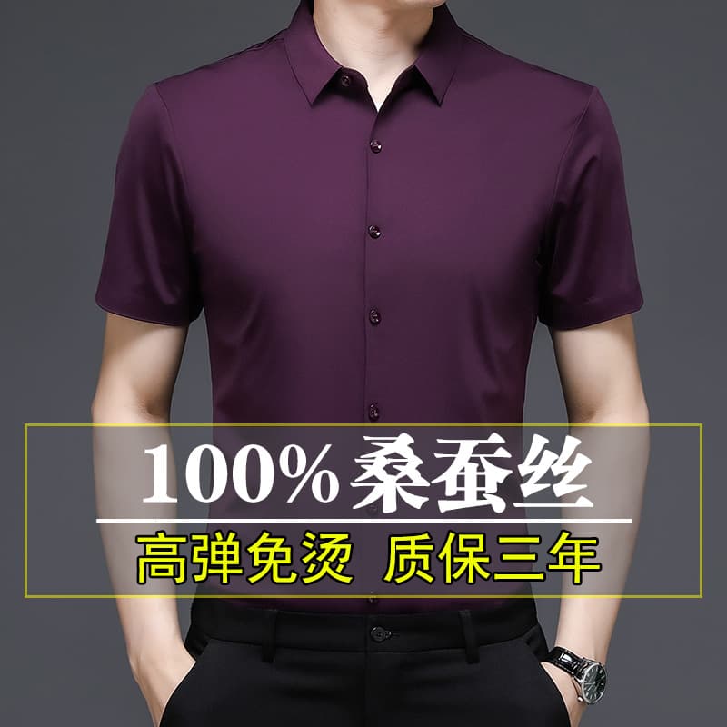 Premium Short-Sleeve Shirt for Men Summer New Thin Seamless Mulberry Silk Solid Color High-End Wrinkle-Free Stretch Shirt
