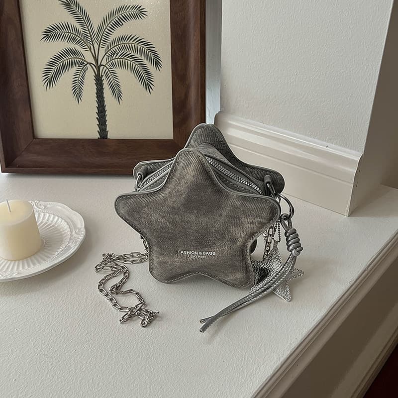 Cross-border crossbody style new star bag cute casual bag lipstick bag crossbody bag chain bag five-pointed star solid color bag