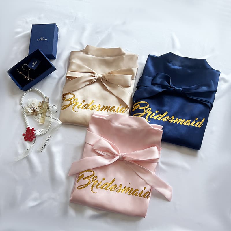 Cross-border wedding morning robe brides and bridesmaids Bridesmaid ice silk gold foil satin nightgown women's long robe