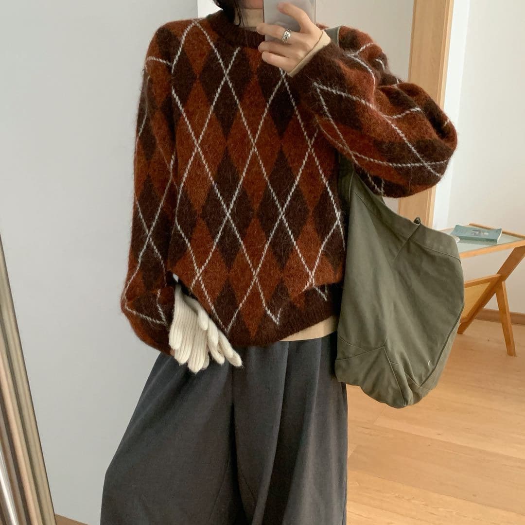 Women's Oversized Color-Block Diamond Pattern Round Neck Knit Sweater Jacket and Inner Top, Autumn and Winter Sweater Layering Piece