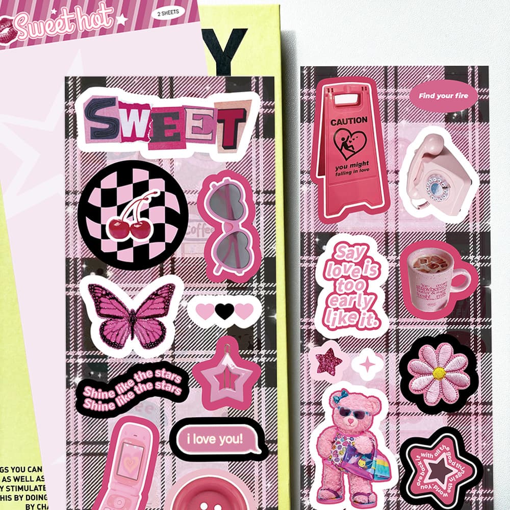 2 sheets of cute cartoon sweetheart pink stickers, PET material, for decorating scrapbooks, phone cases, and water cups