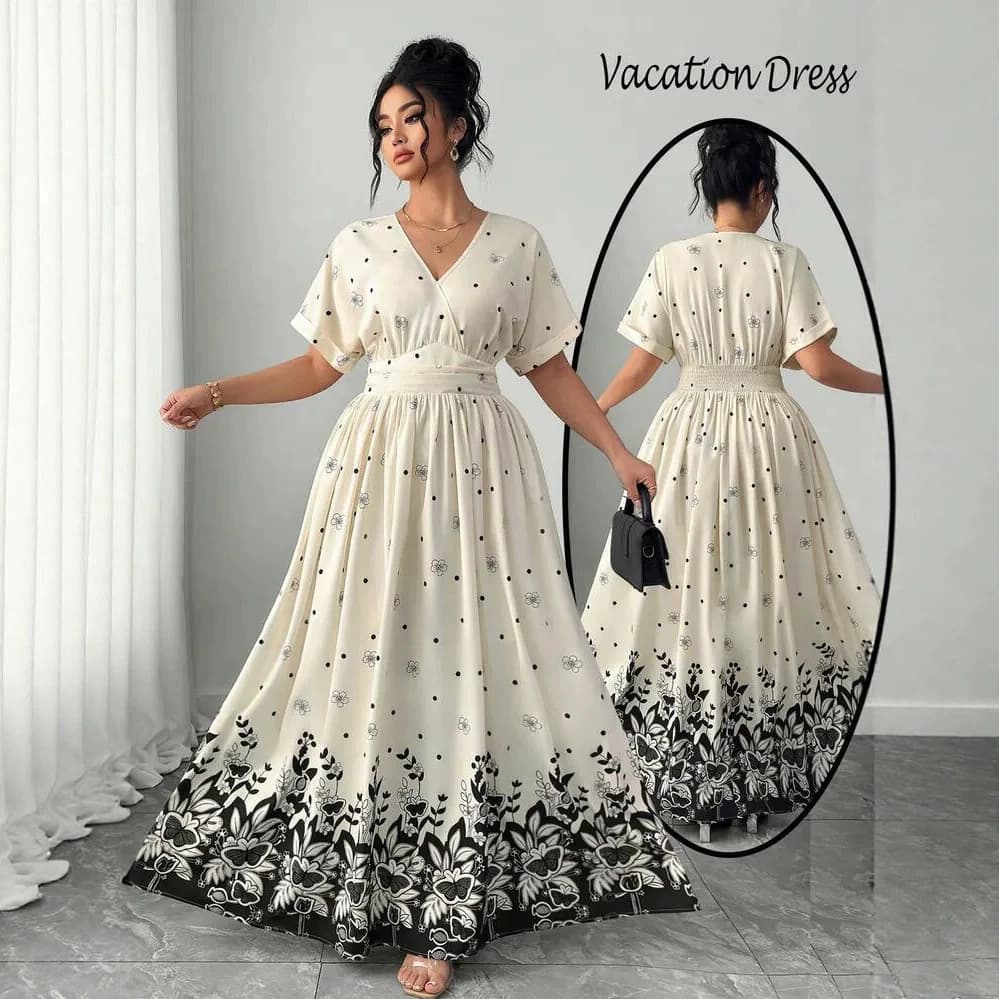 Amazon Independent Station European and American Plus Size Women's Printed V-Neck Waist-Cinching Short Sleeve Dress Fashionable Elegant Dress