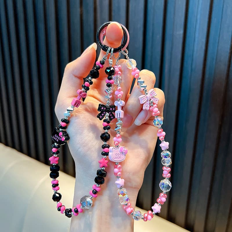 Cartoon Black Pink Sweet Cool Cat Keychain Wrist Strap Beaded Bag Charm Exquisite Women's Phone Lanyard