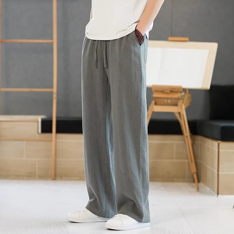 Men's Ramie Pants Summer Straight Loose Wide Leg Casual Trousers Long Pants Chinese Style Cotton Linen Pants