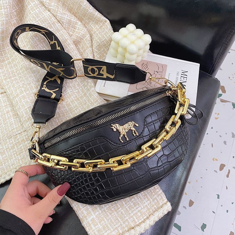 Women's Chest Bag 2022 New Style Fashion Crocodile Texture Shoulder Bag Chain Small Bag Waist Bag Wide Strap Crossbody Saddle Bag