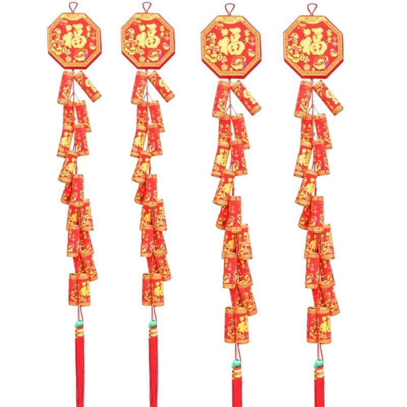 New Year's firecracker strings, large red firecrackers, gold-stamped flocked colored crystal firecracker props, online store supermarket decorations