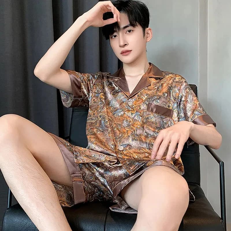 New Trendy Ice Silk Pajama Set for Men Summer Short Sleeve Imitation Silk Thin Men's Youth Homewear Set