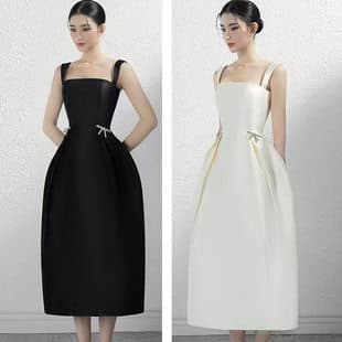 French Satin Evening Dress Women Bow Tie Waist A-Line Midi Dress Adult Ceremony Host Petite Dress