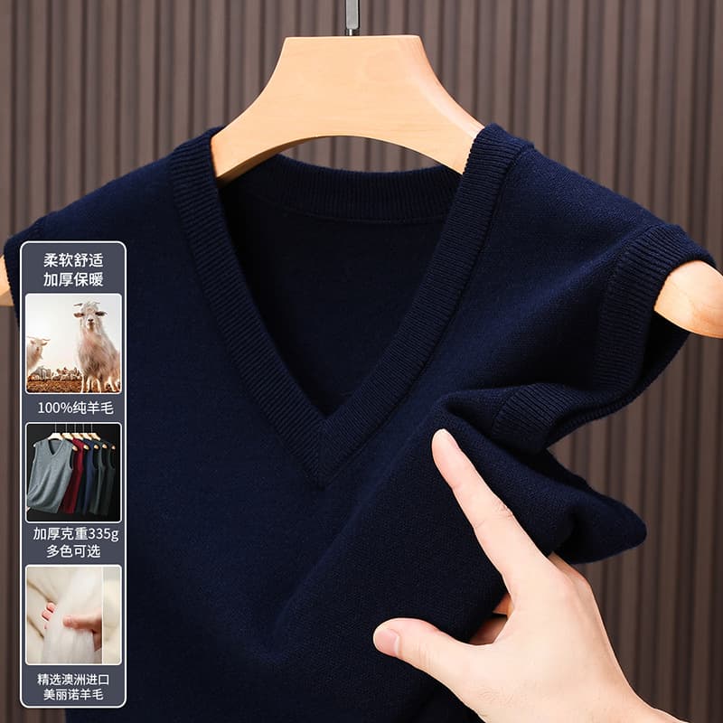 100% Pure Wool Autumn/Winter Vest Men's V-Neck Wool Sweater Thick Knit Cardigan Middle-Aged Dad Vest