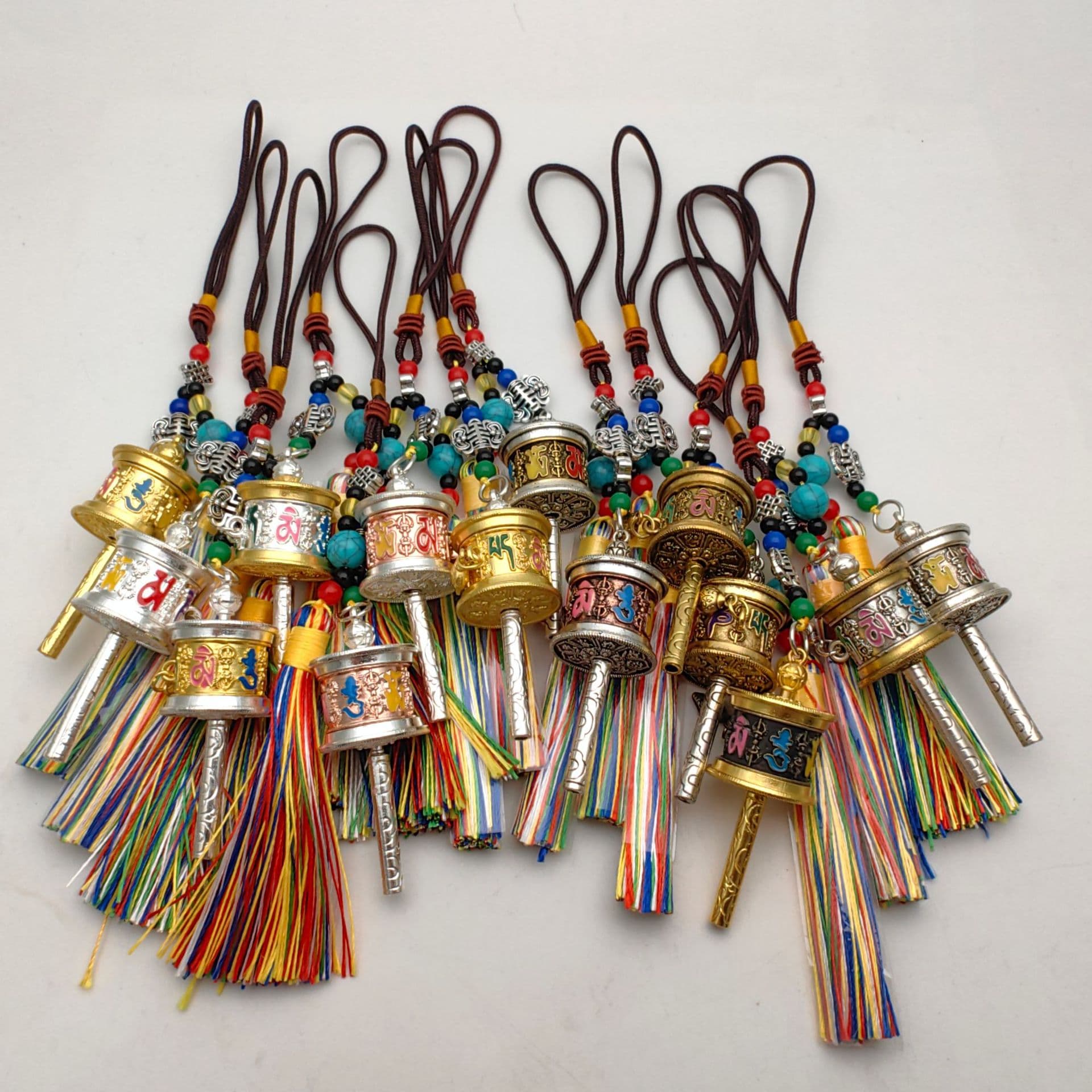 Tibetan Ornament Six-Syllable Mantra Prayer Wheel Tassel Pendant for Bags, Car Hanging, Keychain, Spinning Wheel Accessory