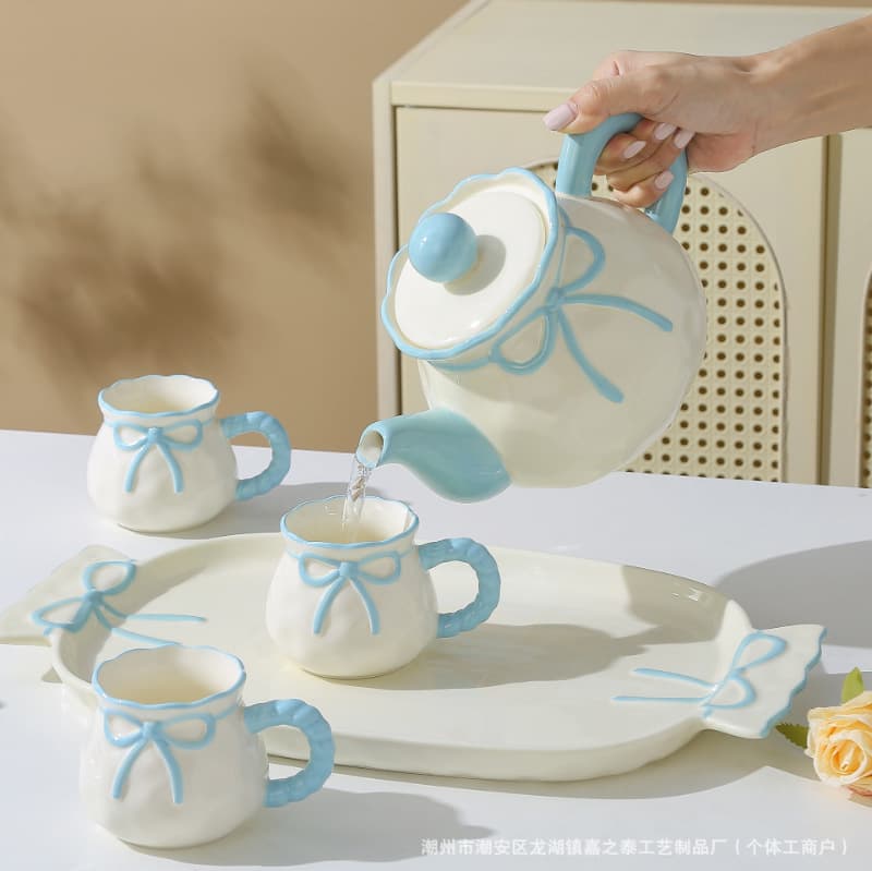 Bowknot Ceramic Water Cup Set for Home Living Room Hospitality High-Appearance Water Pitcher Tea Cup Set Housewarming Wedding Gift