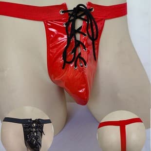 Cross-border Europe and America Sexy PU Patent Leather Open Crotch Drawstring Triangle Thong Shorts Performance Underwear