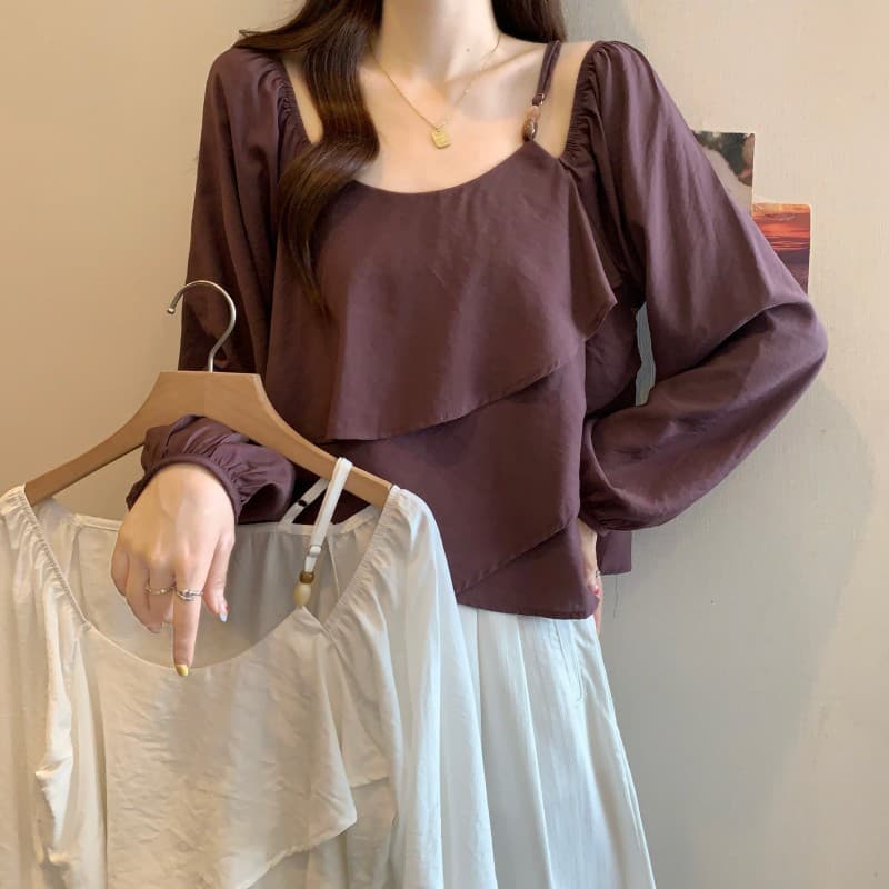 Plus-size women's autumn new French beaded square neck design layered ribbon long sleeve short shirt top