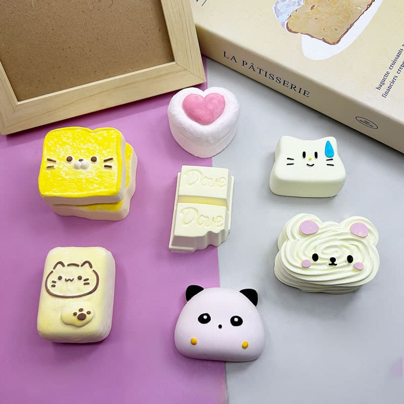 Cartoon Squishy Silicone Mold - Cat Toast, Mochi, Chocolate, Bear Biscuit, Heart Cake, Wax Bottle Candy