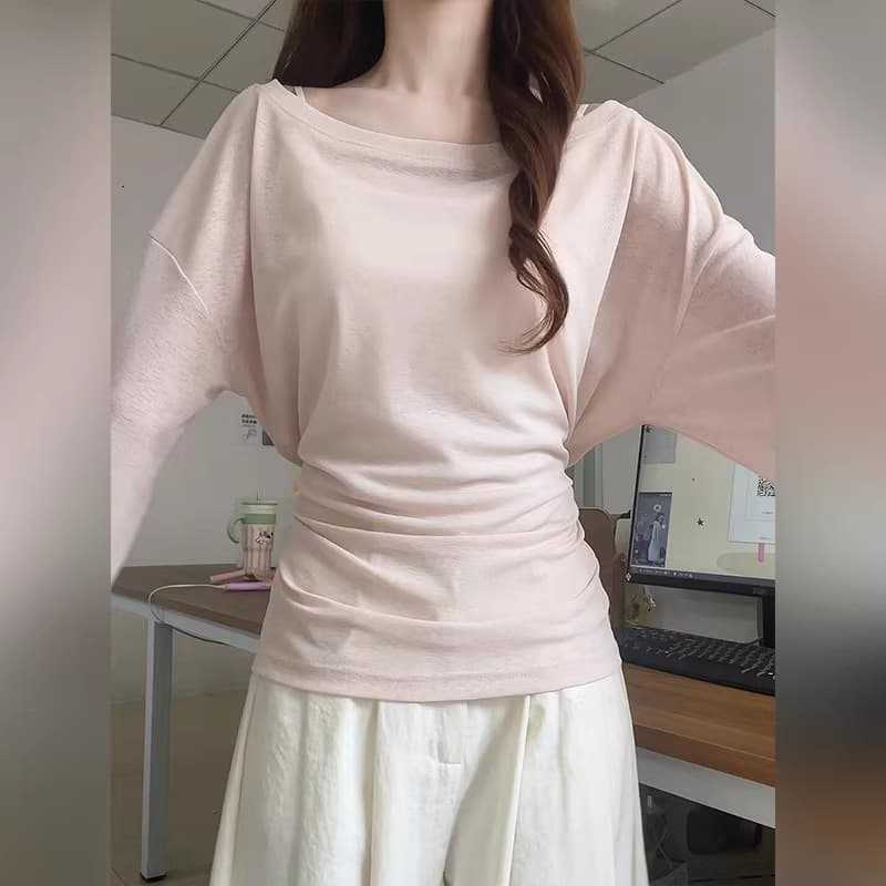 Pink Sun Protection Wrap Top Sheer Blouse for Women Summer Lightweight Unique Pretty Cinched Waist Hollow Out Off-Shoulder Top