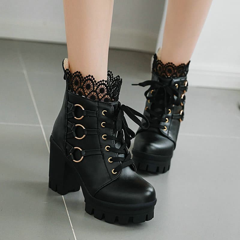 Women's Short Ankle Boots for Spring, Autumn, and Winter, Ultra-High Chunky Heel Lace-up Martin Boots, British Style Short Boots, White, Plus Size