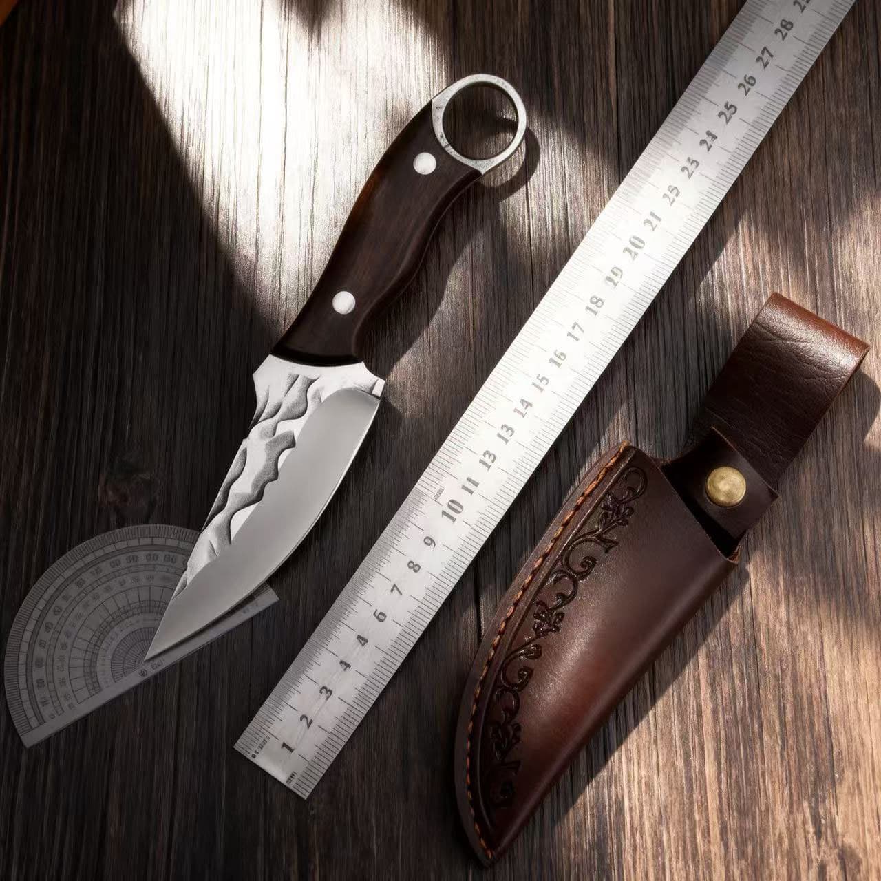 Portable Outdoor Camping Small Kitchen Knife with Ring Handle Meat Cutter BBQ Pork Beef Mutton Knife Compact Fruit Knife