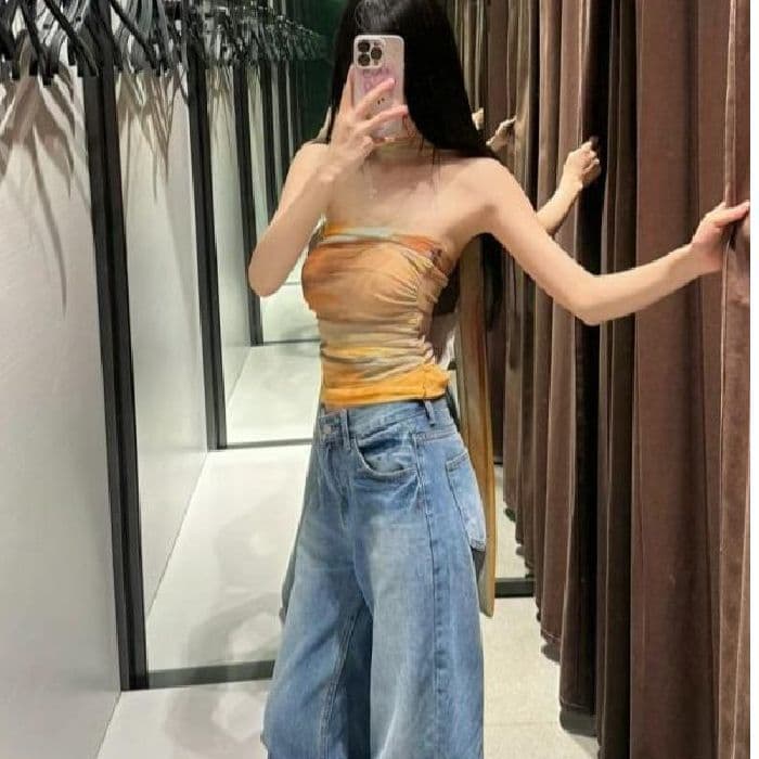 American Sexy Babe Tube Top Summer French Scarf Neck Tube Top Pleated Tight Mesh Tie-Dye Vest