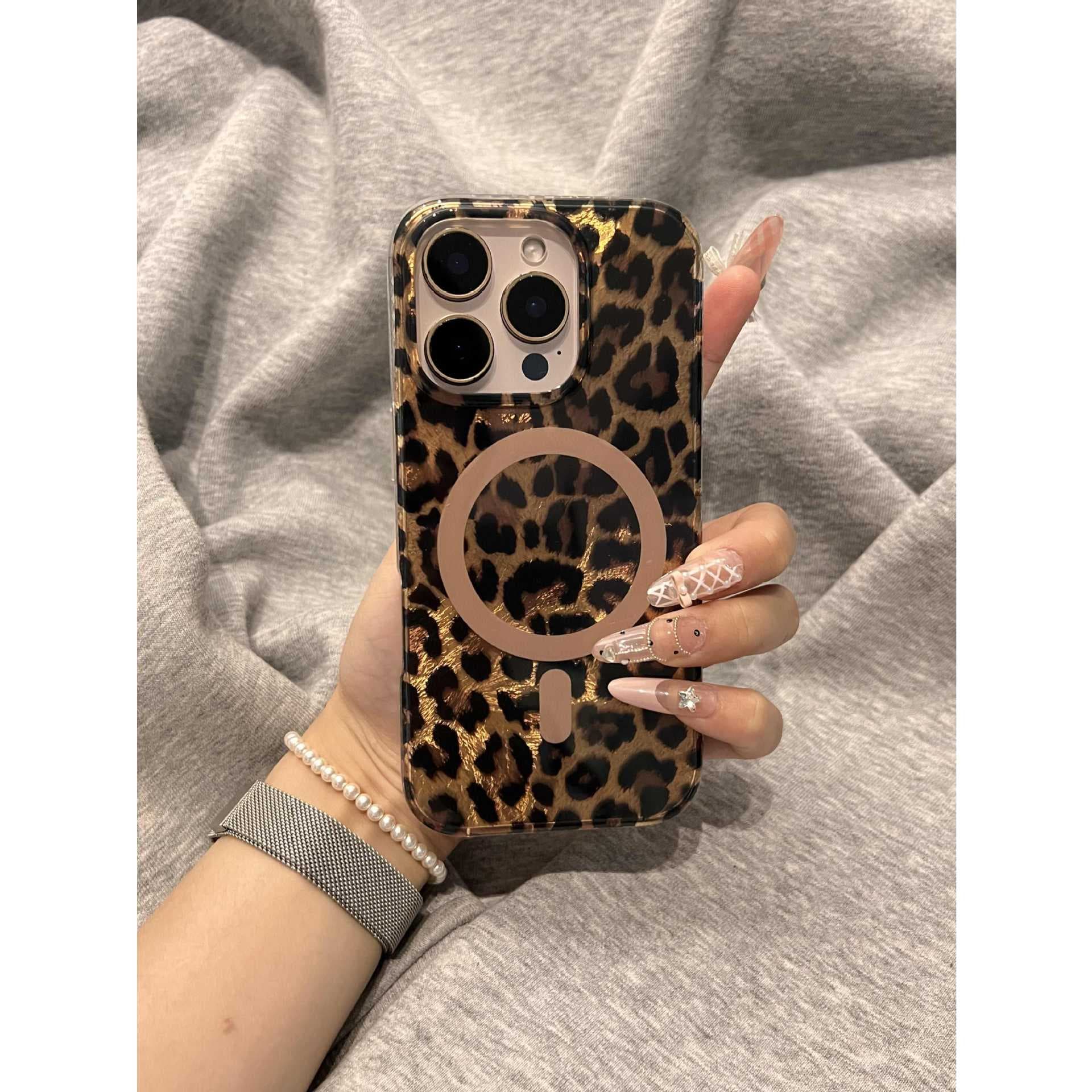 Simple Leopard Print Magnetic Case Compatible with iPhone 15 Pro, Cute for iPhone 14, Premium Style for iPhone 13, Niche Full Coverage New Model