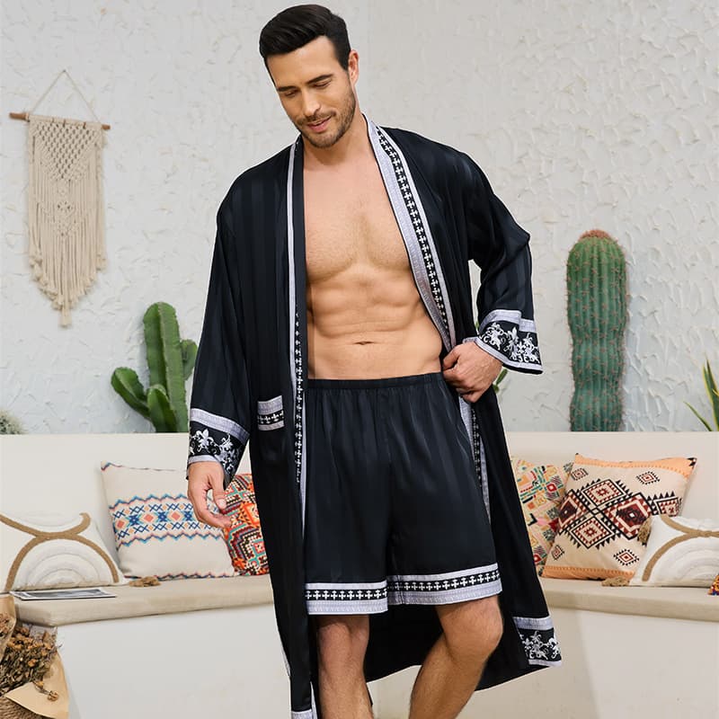 Cross-border New European and American Baroque Satin Robe Shorts Suit Nightgown Men's Home Wear 3403 3397