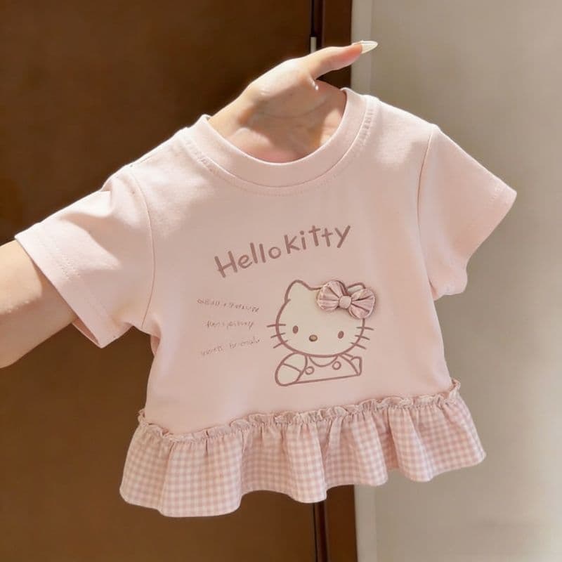 Girls three-dimensional Hello Kitty pink ruffled plaid T-shirt summer thin children and middle-aged children cute and trendy