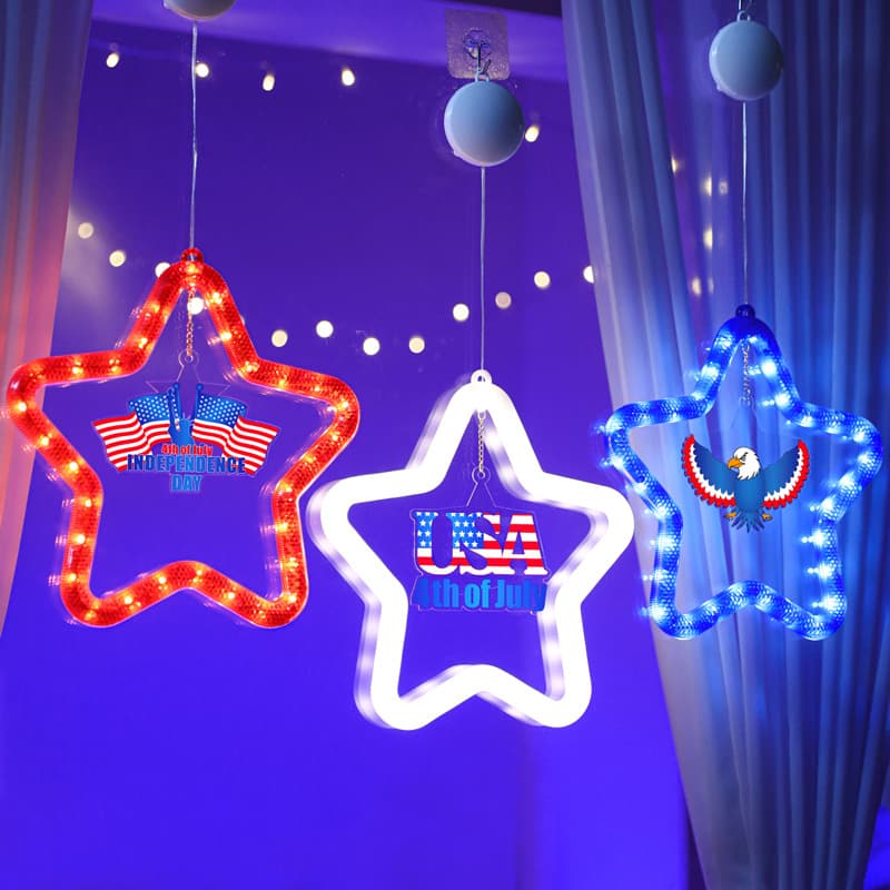 Cross-border US Independence Day Decoration Hanging Ornament, Five-pointed Star Running Horse LED String Lights Party Window Atmosphere Decoration Hanging
