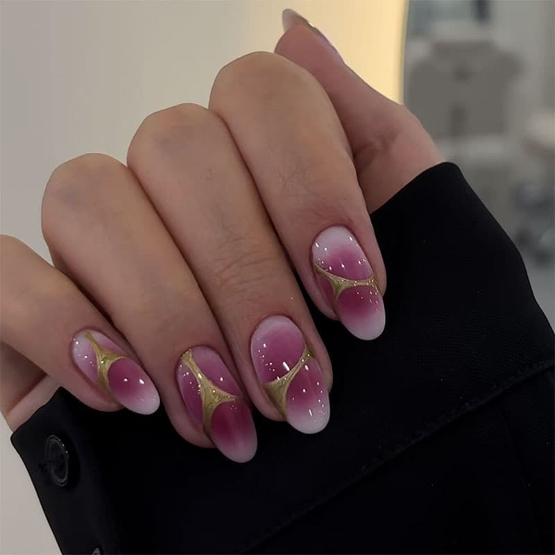 Medium Almond Nails Y2K Hot Girl False Nails Blush Gradient Gold Lines Press-On Nails Fall Winter 24pcs Nail Tips