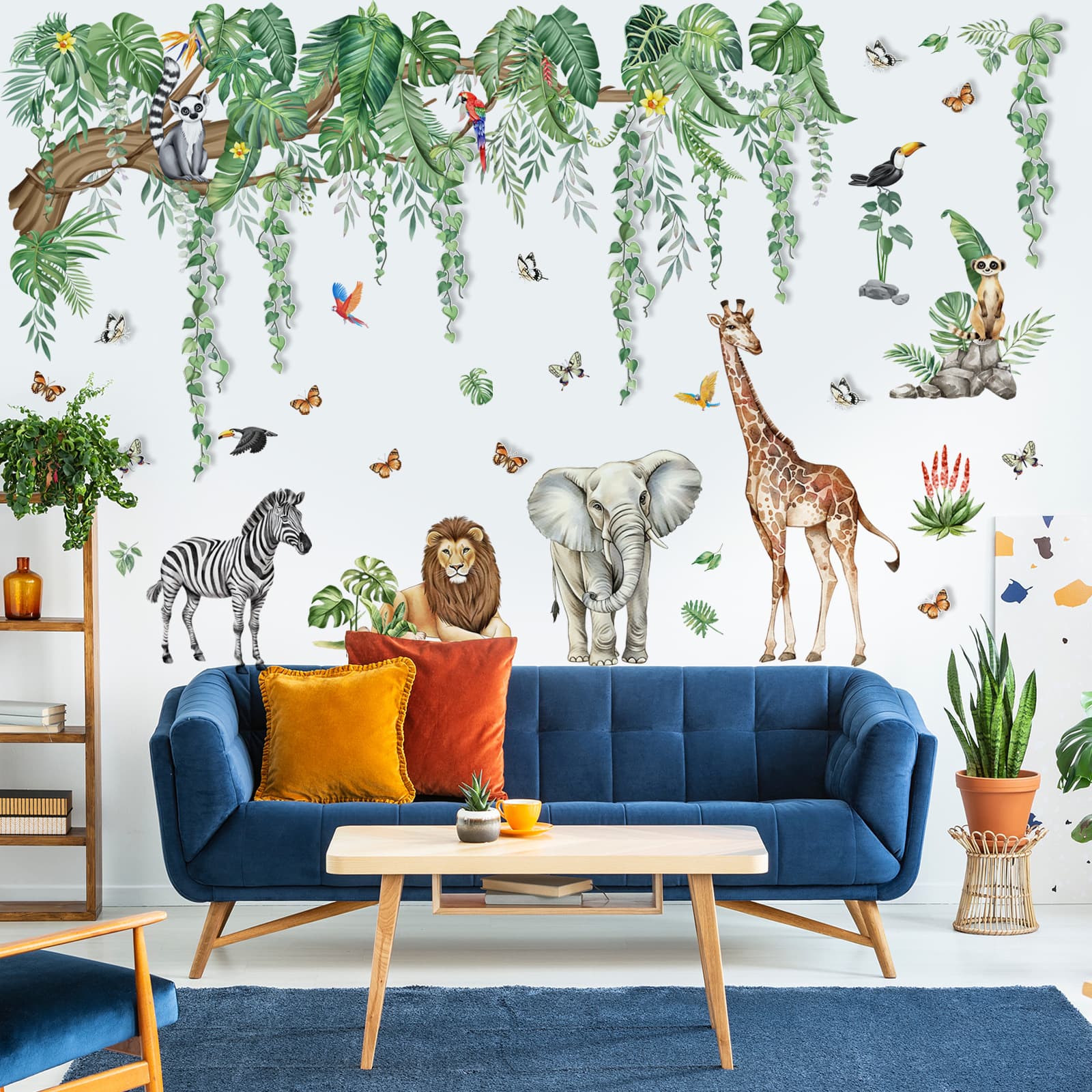 Cartoon Animal Branch Butterfly Pull Flower Wall Sticker Living Room Bedroom Kids Room Background Wall Home Decoration Self-Adhesive Wall Sticker