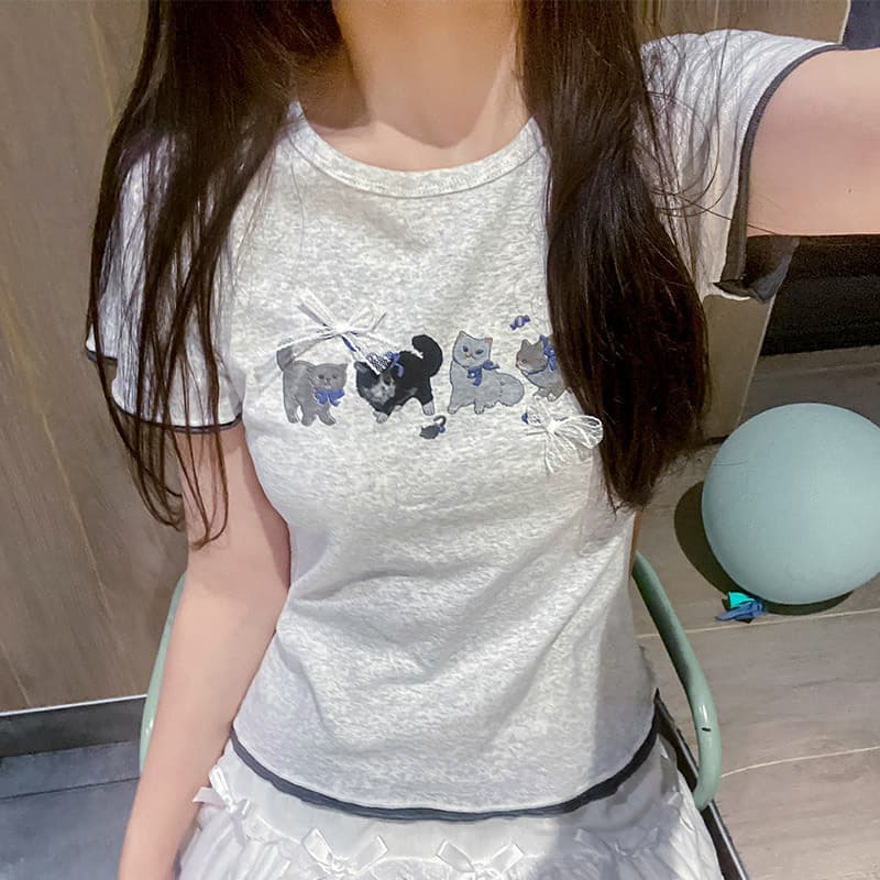 Cat Print Slim Fit Cotton Short Sleeve T-Shirt Women's 2025 Summer Short Student Fake Two-Piece Bottoming Shirt Trendy Top