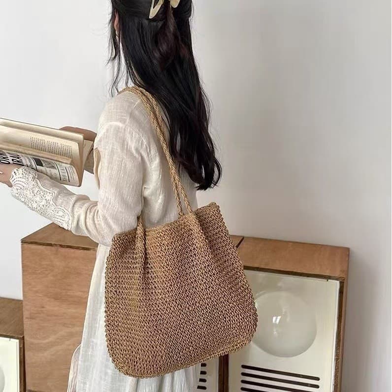 Handwoven Bag Korean Lazy Style Solid Color Double Strap Straw Bag Summer Beach Forest Handbag Shoulder Bag for Women