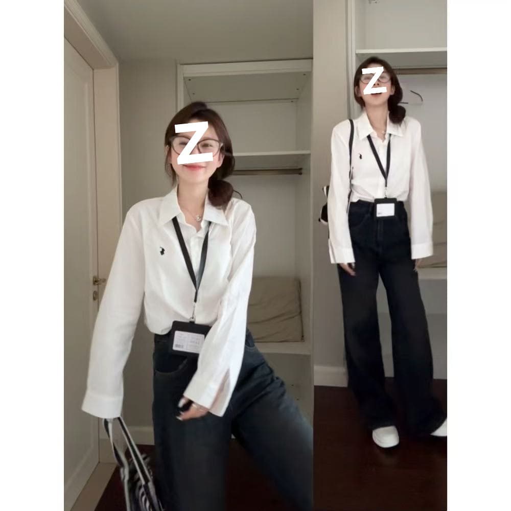 American Retro Embroidered Pony Long-Sleeve Shirt Jacket for Women, Spring and Fall Inner Layering, Elegant Commuter Cardigan, White Blouse