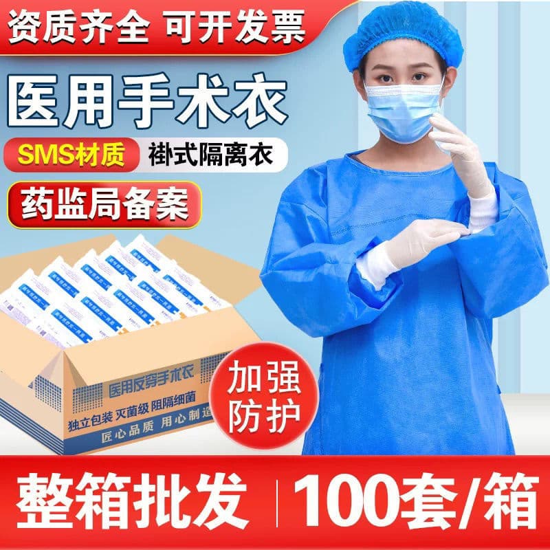 Disposable Medical Surgical Gowns, Individually Packaged Isolation Wear, Protective Suits, SMS Non-Woven Back-Opening with Knitted Cuffs