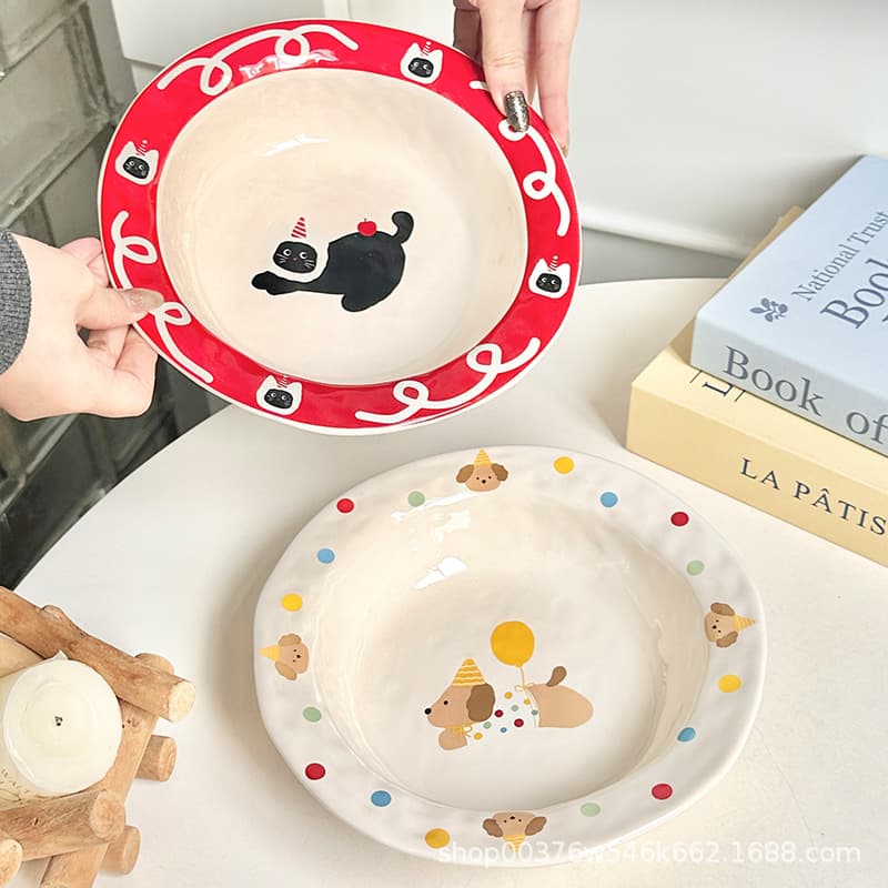 Creative Hand-Pinched Cute Dog Deep Plate, Home Ceramic Soup Plate, Pasta Salad Plate, Light Meal Plate, Dish, Breakfast Plate