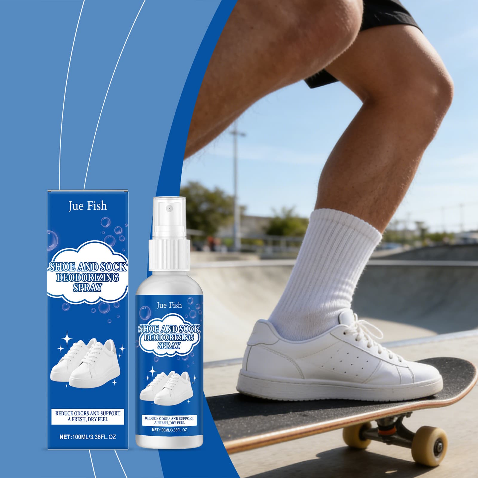 JUE FISH Shoe and Sock Deodorizing Spray, Shoe Cabinet Freshener, Sneaker and Sports Shoe Cleaner, Odor Removal, Long-Lasting Freshness Spray