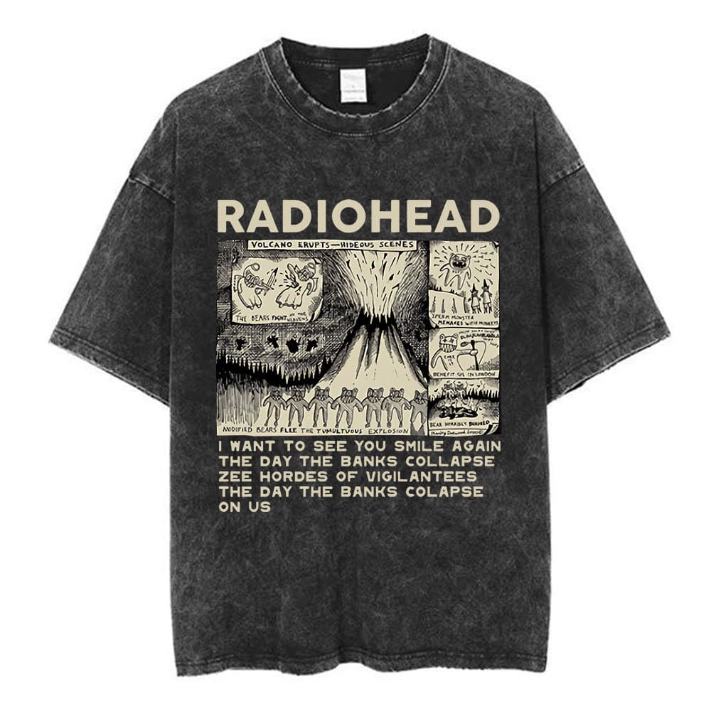 Radiohead Rock Band Washed Cotton T-Shirt Unisex Hip Hop Music Tee Fashion Short Sleeve Summer T-Shirt