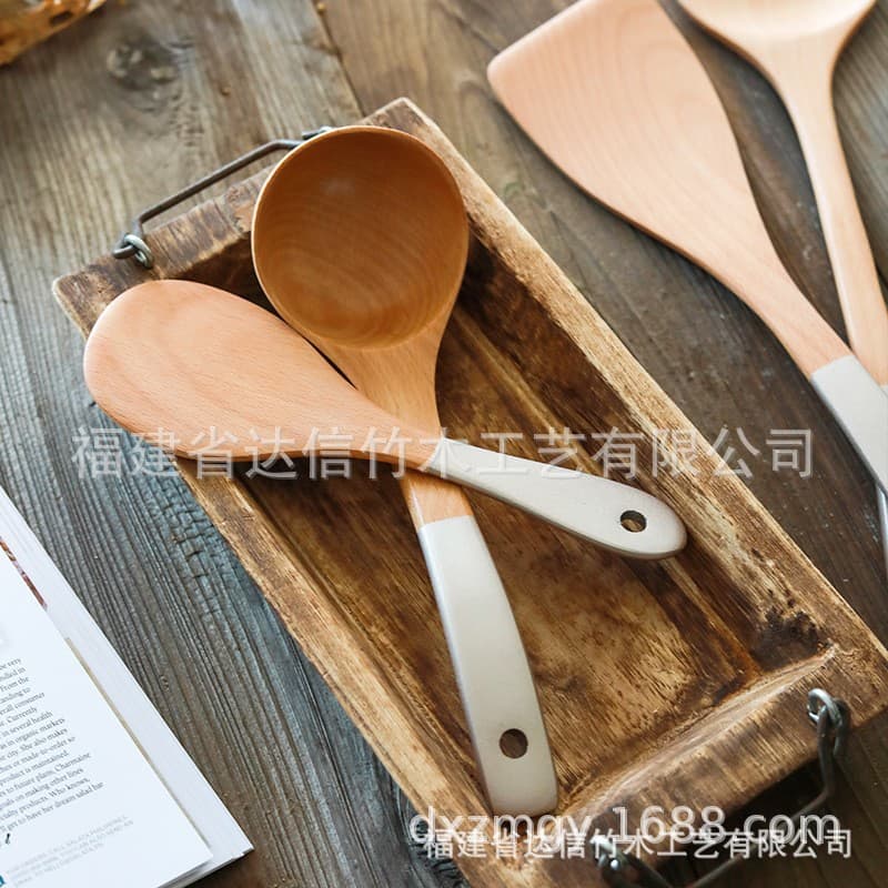 Beech Wood Cooking Spatula and Spoon Set Salad Mixing Spoon Fork Silver Handle Turner Steak Frying Spatula Wooden Kitchen Utensils In Stock