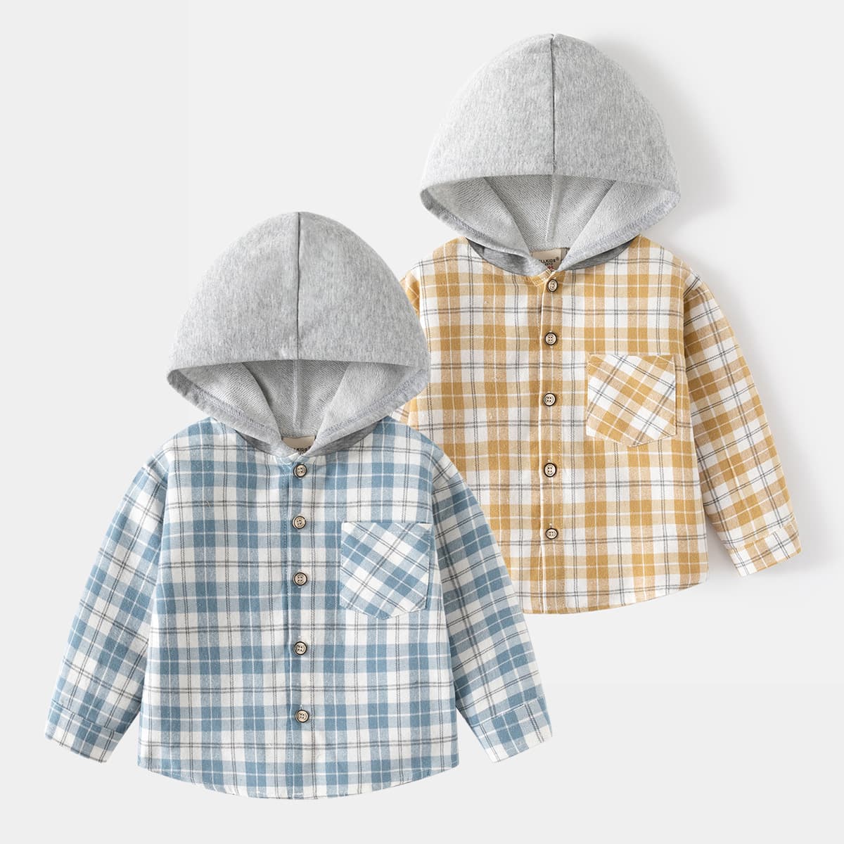 Korean children's clothing wholesale 2026 new boys long-sleeved shirt baby plaid hooded shirt children's clothing one piece drop shipping