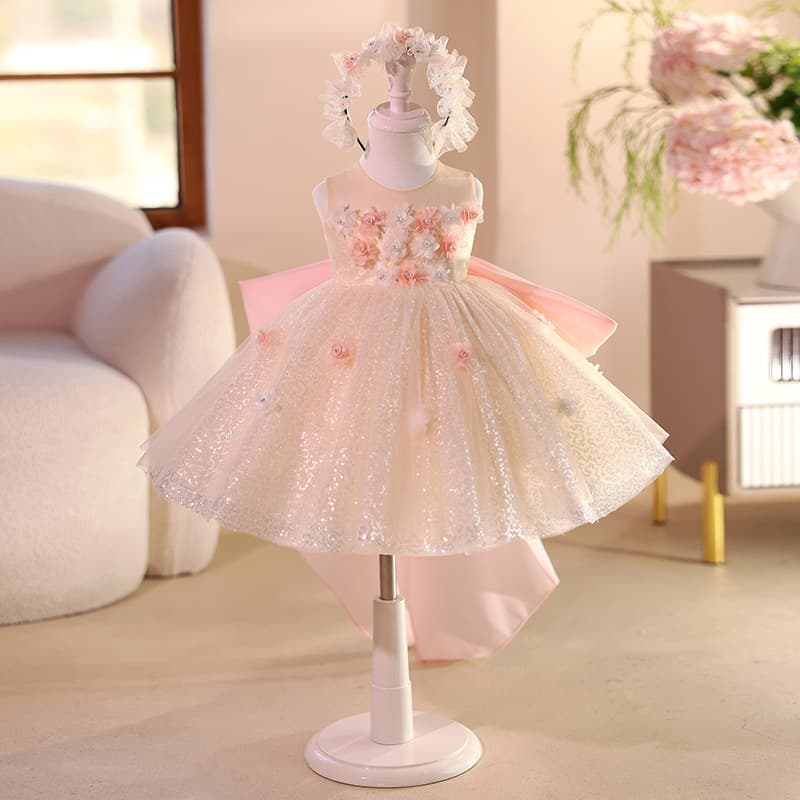 Champagne Pink Girls Dress Light Luxury Unique Birthday Princess Dress Large Bow Playful Cute Tutu Skirt