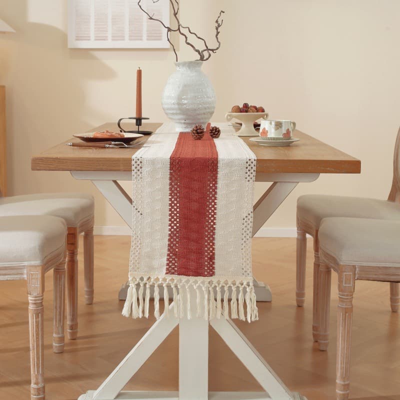 Amazon Temu Hot Selling Linen Cotton Table Runner, Thick Rope Braided Hand-Knotted Tassel Party Decorative Long Strip Christmas